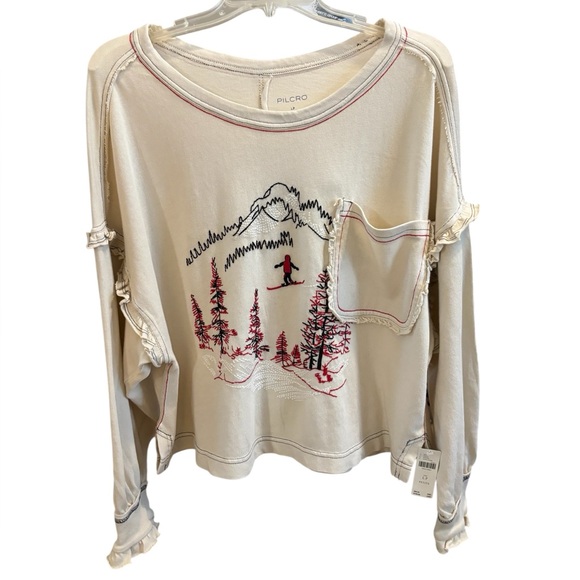 Pilcro/Anthropologie Apres Long Sleeve Ruffled Cotton Tee Size LP. NWT - Picture 5 of 12